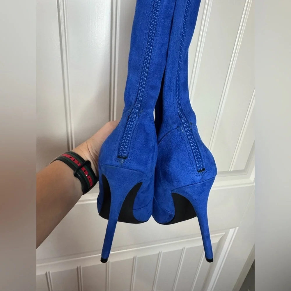 SHOEDAZZLE 🦋 Thigh-High, Vibrant Royal Blue Women's Stiletto Boots (Women’s 7)